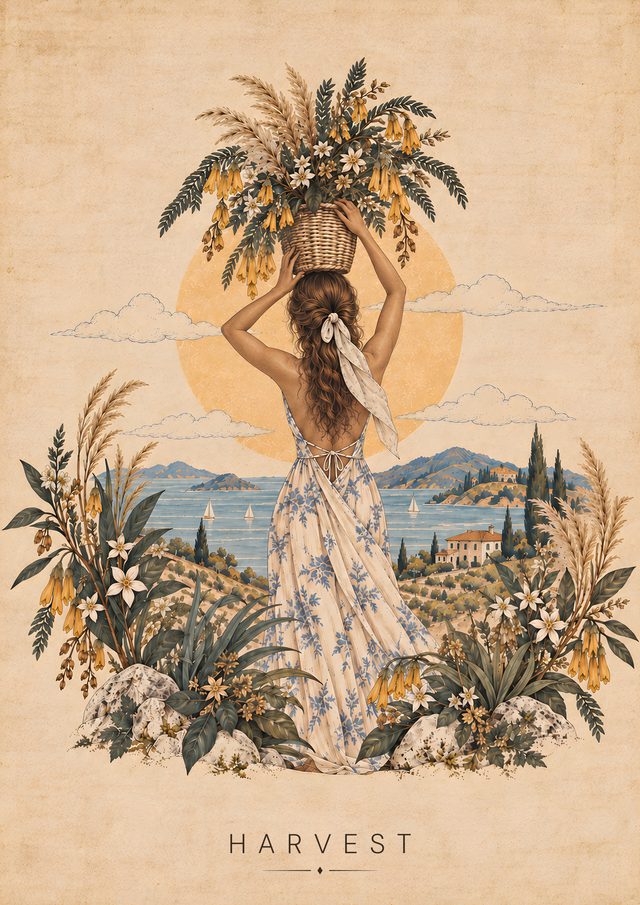 Harvest, an A3 art print: A celebration of seasonal abundance, with a basket of golden blossoms lifted towards the sun.