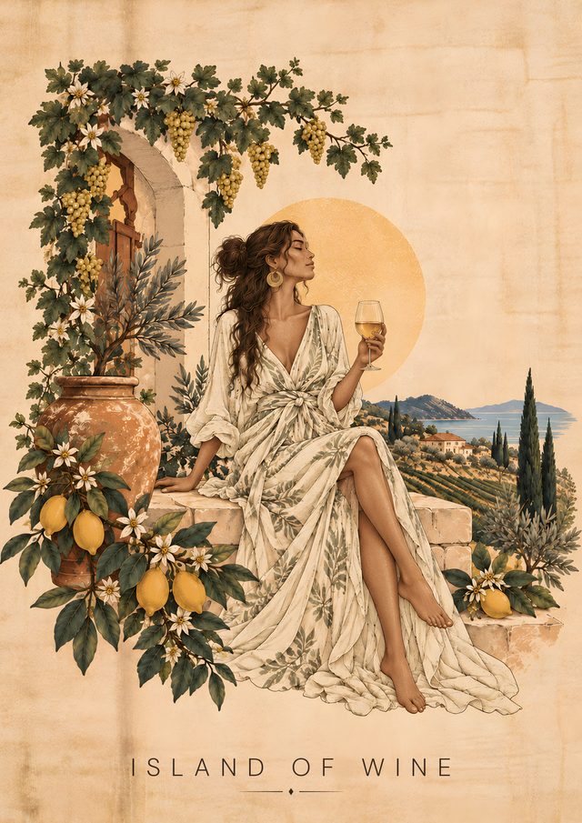 Island of Wine, an A3 art print: An allegory of island viticulture, bringing together vine, citrus and the pleasures of coastal life.