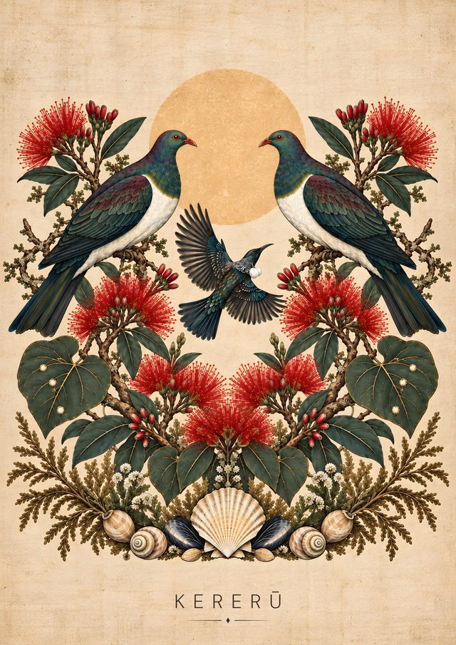 Kererū, an A3 art print: A botanical tribute to Aotearoa's native wood pigeon and its forest habitat.