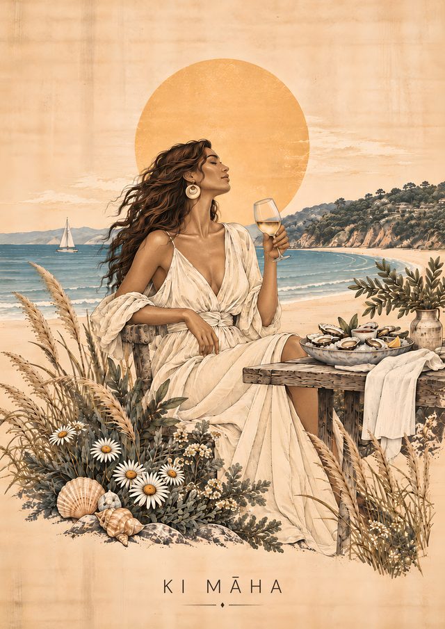 Ki Māha, an A3 art print: An invitation to slow down and savour the quiet pleasures of coastal life.