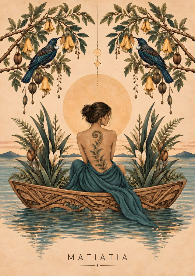 Matiatia, an A3 art print: A carved waka beneath kōwhai and tūī, floating on sheltered island waters.