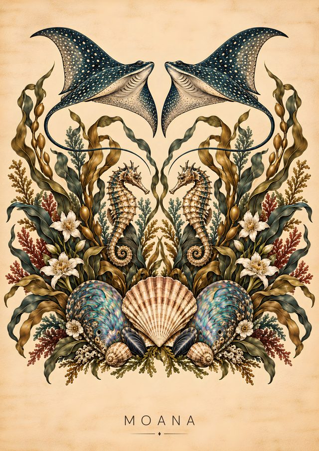 Moana, an A3 art print: A celebration of marine life, flowing kelp and the hidden abundance of the ocean.