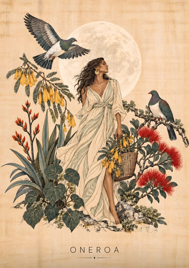 Oneroa, an A3 art print: Golden kōwhai blossoms gathered beneath a luminous moon, with native birds close by.