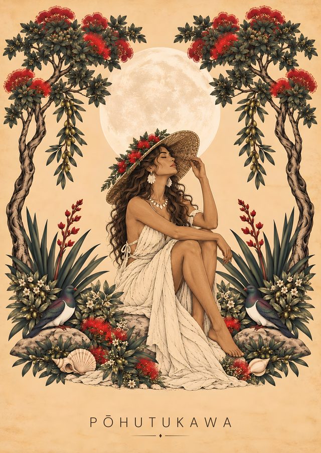 Pōhutukawa, an A3 art print: Crimson blossoms, native birds and the romance of an Aotearoa summer.