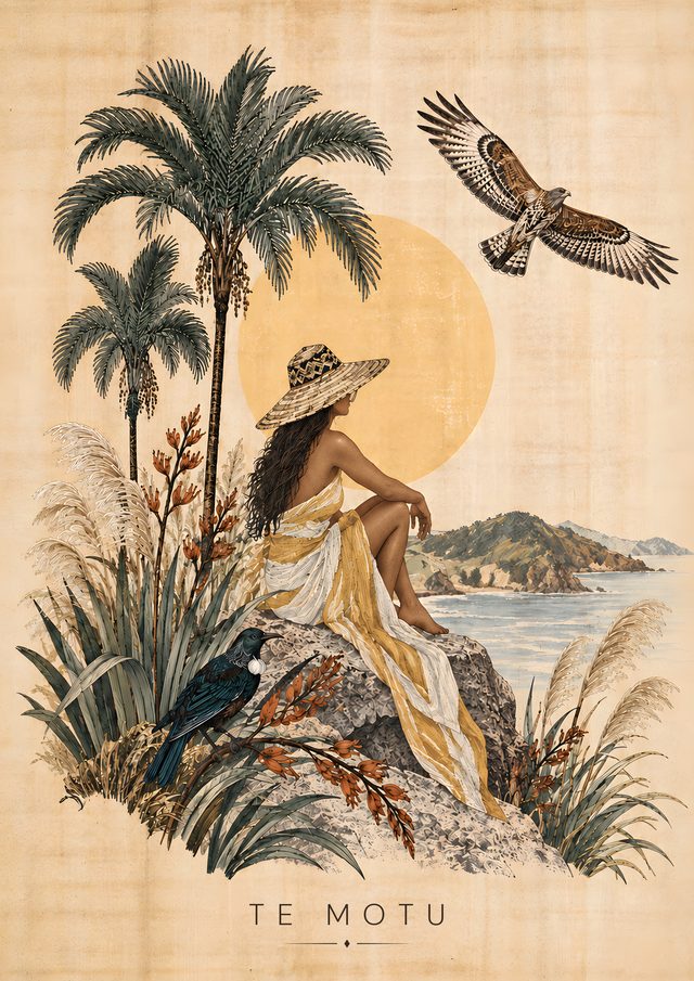 Te Motu, an A3 art print: Palms, pale grasses and a kārearea above a quiet island headland.